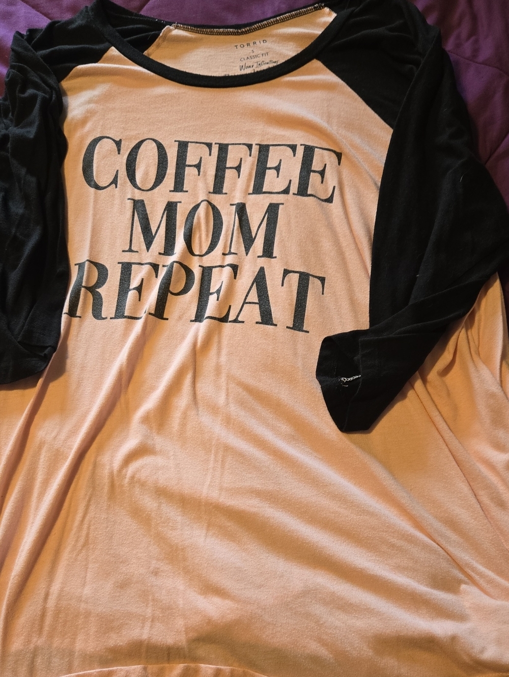torrid Pink and Black "COFFEE MOM REPEAT" Raglan 3/4 Sleeve Tee